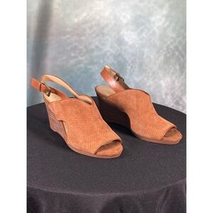 Reba Anny Brown Perforated Leather Wedge Slingback Sandals Womens 8M